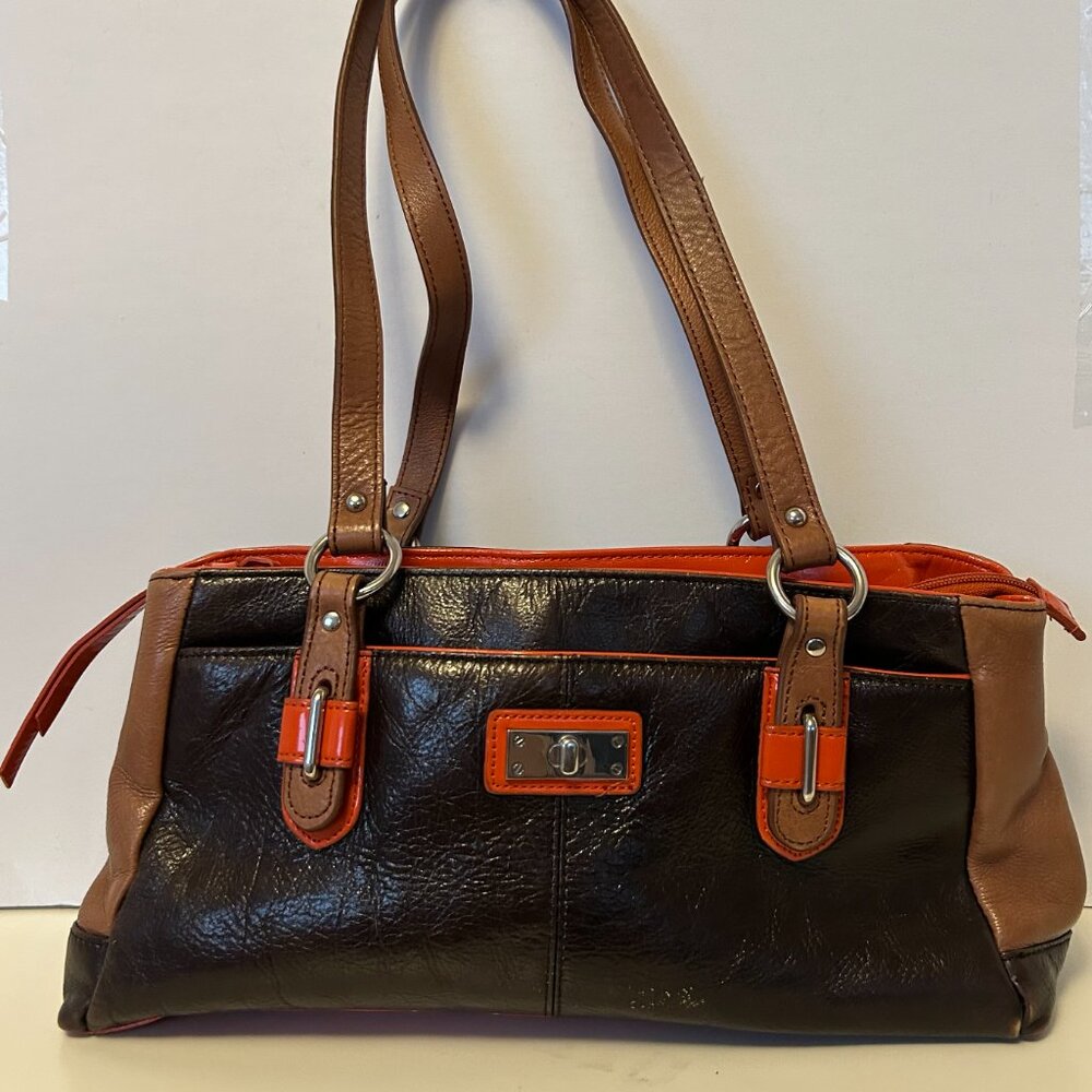 - La Diva Orange Brown Color Block Handbag Genuine Italian leather vintage